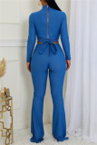 Blue Bodycon Casual Turtleneck Tie-back Long Sleeve Tops and Flare Leg Pants Two Pieces Matching Sets