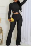 Blue Bodycon Casual Turtleneck Tie-back Long Sleeve Tops and Flare Leg Pants Two Pieces Matching Sets