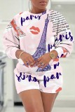 Pink Purple Casual Print Round Neck Long Sleeve Sweatshirt and Shorts Two Pieces Matching Sets