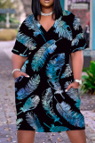 Orange Graphic Print V Neck Short Sleeve Casual Outing Plus Size Straight Loose T Shirt Midi Dress