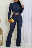 Blue Bodycon Casual Turtleneck Tie-back Long Sleeve Tops and Flare Leg Pants Two Pieces Matching Sets