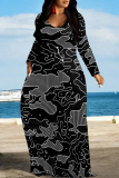 Colorful Geometric Flowers Print V Neck Long Sleeve Casual Outing Vacation Loose Maxi Dress