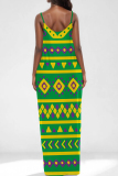 Yellow Green Graphic Print Sleeveless V Neck Spaghetti Strap Floor Length Casual Outing Straight Loose Maxi Dress