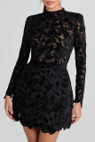 Red Floral Lace Mini Dress High Neck Long Sleeve Scalloped Hem Party Outfit Night Out Evening Gown