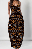 Yellow Green Graphic Print Sleeveless V Neck Spaghetti Strap Floor Length Casual Outing Straight Loose Maxi Dress