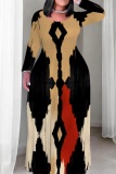 Coffee Geometric Print O Neck Long Sleeve Floor Length Fitted Casual Outing Plus Size Straight Loose Maxi Dress