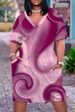 Wine Red Tie Dye V Neck Short Sleeve Pocket Casual Outing Loose T Shirt Midi Dress