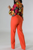Red Casual Floral Print Strap Tie-front V Neck Long Lantern Sleeve Tops Blouses