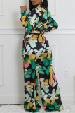 Green Vacation Casual Abstract Print Strap Design Tie-front Deep V Neck Long Sleeve Wide Leg Loose Jumpsuits