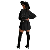 Black Wine Red Round Neck Lantern Sleeve Mini Sweater Dress Casual Vacation Wear Straight Loose Knit Dress