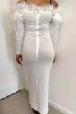 White Pearl Decor Feather Off Shoulder Long Sleeve Bodycon Plus Size Cocktail Party Maxi Dresses