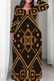 Coffee Geometric Print O Neck Long Sleeve Floor Length Fitted Casual Outing Plus Size Straight Loose Maxi Dress