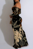 Light Blue Off-Shoulder Ruffled Sleeve Floral Print Bodycon Maxi Dress High Slit Floor-Length Summer Party Outfit