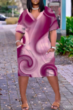 Wine Red Tie Dye V Neck Short Sleeve Pocket Casual Outing Loose T Shirt Midi Dress