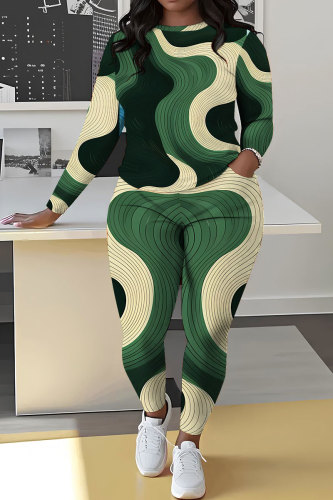 Black Grey Casual Abstract Print Round Neck Long Sleeve T-shirt and Pencil Pants Two Pieces Matching Sets