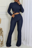 Blue Bodycon Casual Turtleneck Tie-back Long Sleeve Tops and Flare Leg Pants Two Pieces Matching Sets