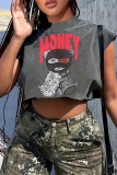 Dark Blue Casual Letter Bear Print Round Neck Sleeveless Short Tank Tops T-Shirts
