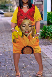 Orange Graphic Print V Neck Short Sleeve Casual Outing Plus Size Straight Loose T Shirt Midi Dress