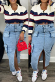Apricot Casual Stripe Contrast Turndown Polo Collar Long Sleeve Fall Winter Knitted Tops Blouses