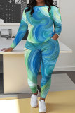 Black Grey Casual Abstract Print Round Neck Long Sleeve T-shirt and Pencil Pants Two Pieces Matching Sets