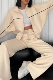 Apricot Sportwear Casual Stripe Zipper Collar Long Sleeve Jacket and Sweatpants Two Pieces Sweatsuits Sets