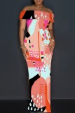 Red Yellow Off-Shoulder Nautical Print Bodycon Maxi Dress High Slit Floor-Length Summer Party Outfit