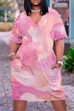 Wine Red Tie Dye V Neck Short Sleeve Pocket Casual Outing Loose T Shirt Midi Dress