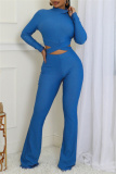 Blue Bodycon Casual Turtleneck Tie-back Long Sleeve Tops and Flare Leg Pants Two Pieces Matching Sets