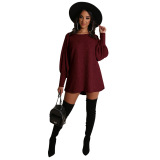 Black Wine Red Round Neck Lantern Sleeve Mini Sweater Dress Casual Vacation Wear Straight Loose Knit Dress