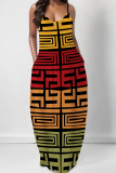 Yellow Green Graphic Print Sleeveless V Neck Spaghetti Strap Floor Length Casual Outing Straight Loose Maxi Dress