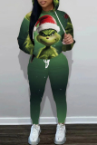 Red Christmas Casual Cartoon Grinch Print Hooded Long Sleeve Sweatshirt and Sweatpants Fall Winter Two Pieces Sweatsuits Sets