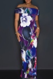 Red Yellow Off-Shoulder Nautical Print Bodycon Maxi Dress High Slit Floor-Length Summer Party Outfit
