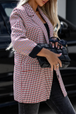 Red Casual Plaid Houndstooth Button up Contrast Turn-back Collar Long Sleeve Fall Winter Outerwear Blazer Suits