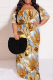 Khaki Off-Shoulder Short Sleeve Floral Print Loose Maxi Dress High Slit Floor-Length Plus Size Summer Party Outfit