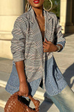 Multicolor Casual Plaid Denim Patchwork Turndown Collar Long Sleeve Outerwear Blazer Suits