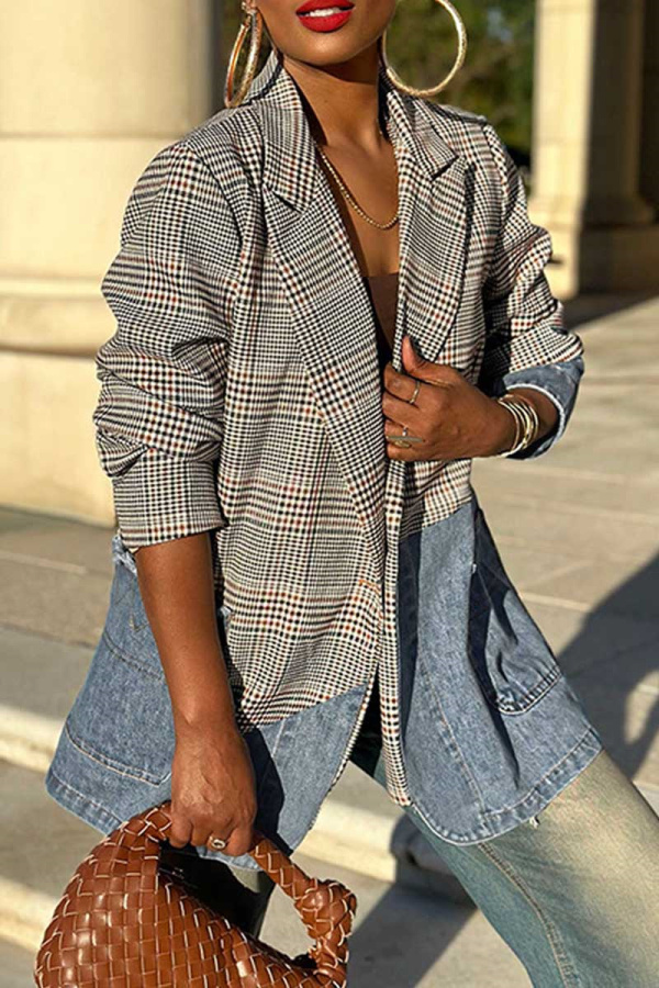 Multicolor Casual Plaid Denim Patchwork Turndown Collar Long Sleeve Outerwear Blazer Suits