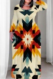 Coffee Geometric Print O Neck Long Sleeve Floor Length Fitted Casual Outing Plus Size Straight Loose Maxi Dress
