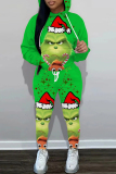 Red Christmas Casual Cartoon Grinch Print Hooded Long Sleeve Sweatshirt and Sweatpants Fall Winter Two Pieces Sweatsuits Sets
