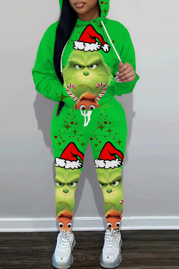 Red Christmas Casual Cartoon Grinch Print Hooded Long Sleeve Sweatshirt and Sweatpants Fall Winter Two Pieces Sweatsuits Sets