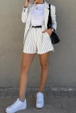 White Casual Striped Pocket Without Belt Turn-back Collar Long Sleeve Blazer and Shorts Two Pieces Suits Sets
