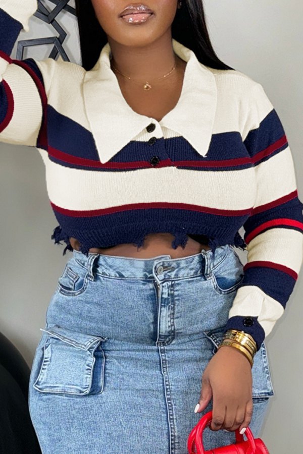 Apricot Casual Stripe Contrast Turndown Polo Collar Long Sleeve Fall Winter Knitted Tops Blouses