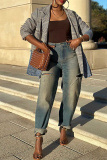 Multicolor Casual Plaid Denim Patchwork Turndown Collar Long Sleeve Outerwear Blazer Suits