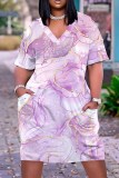 Wine Red Tie Dye V Neck Short Sleeve Pocket Casual Outing Loose T Shirt Midi Dress