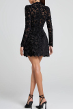 Red Floral Lace Mini Dress High Neck Long Sleeve Scalloped Hem Party Outfit Night Out Evening Gown