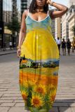 Blue Graphic Floral Print Sleeveless Backless Spaghetti Strap Floor Length Casual Outing Straigh Loose Maxi Slip Dress