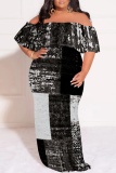 Khaki Off-Shoulder Short Sleeve Floral Print Loose Maxi Dress High Slit Floor-Length Plus Size Summer Party Outfit