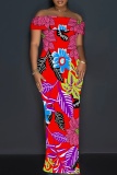 Red Yellow Off-Shoulder Nautical Print Bodycon Maxi Dress High Slit Floor-Length Summer Party Outfit