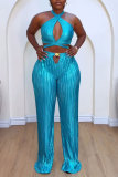 Lake Blue Sleeveless Halter Cut-Out Top and High-Waisted Wide-Leg Pants Clubwear Satin Pleated Two Piece Trouser Set