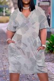 Wine Red Tie Dye V Neck Short Sleeve Pocket Casual Outing Loose T Shirt Midi Dress