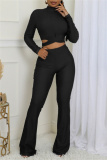 Blue Bodycon Casual Turtleneck Tie-back Long Sleeve Tops and Flare Leg Pants Two Pieces Matching Sets